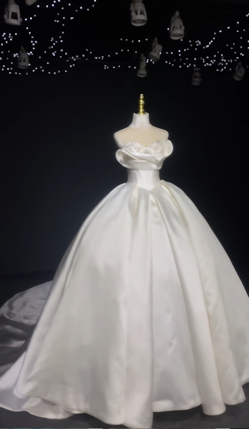 Timeless A-Line Wedding Dress Satin Off-shoulder Bridal Dress White Br –  EvaFashionDress
