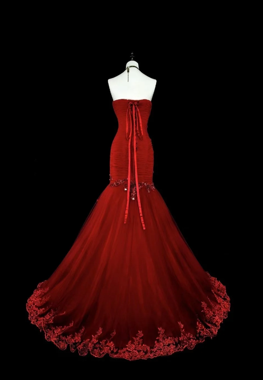 Robe de bal de promo élégante en bordeaux, bustier, sirène, tulle, perlée, longue robe de soirée ED07836