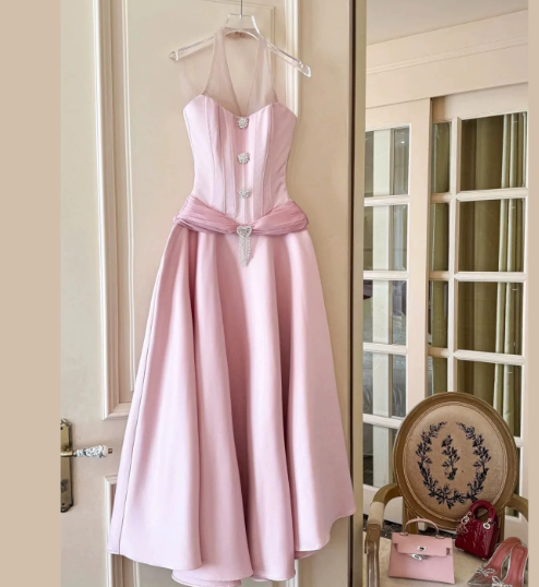 French-style Elegant Pink Women Dress Halter Vacation Dress ED07848 –  EvaFashionDress