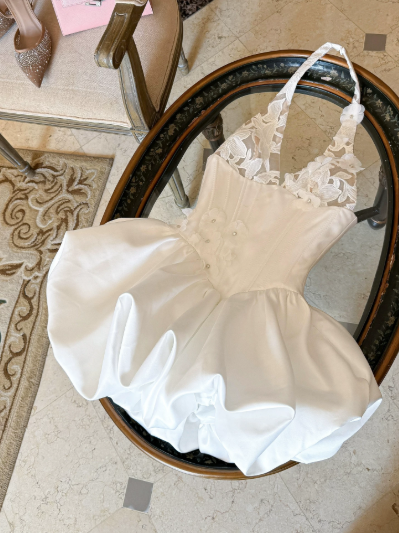 Robe Blanche Mignonne de Style Français pour Femme, Robe de Vacances Halter ED07850