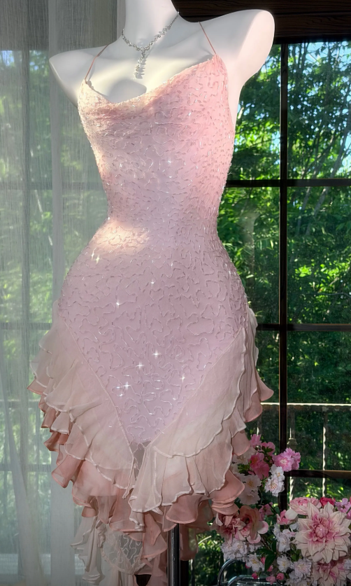 Fashion Spaghetti Straps Sheath Cocktail Dress Chiffon Beaded Short Pr   EvaFashionDress