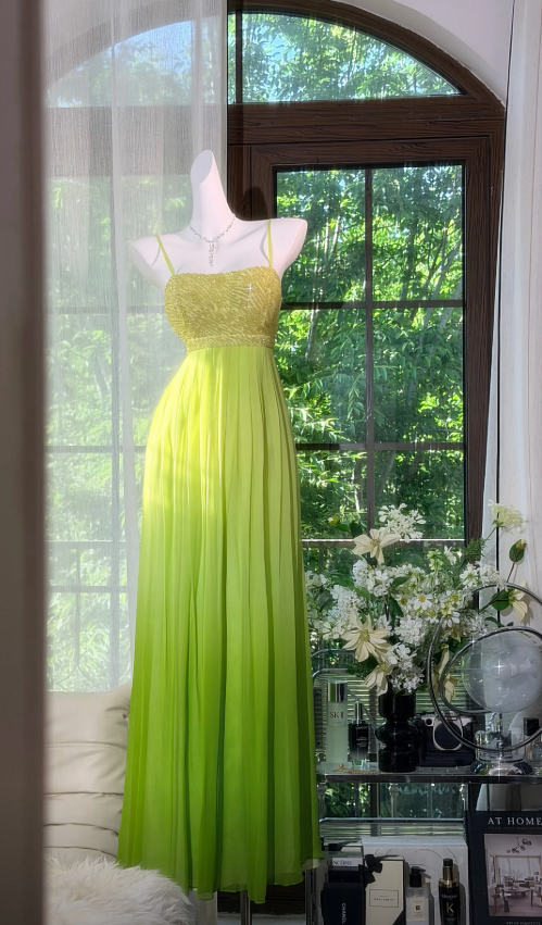Vintage Spaghetti Straps Sheath Beaded Chiffon Long Evening Dress Gree –  EvaFashionDress
