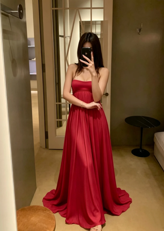 Vintage Strapless Imperial Chiffon Long Evening Dress Red Prom Dress ED07861