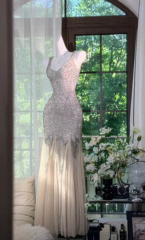 Vintage Straps Vacation Dress Sheath Beaded Chiffon Long Evening Dress –  EvaFashionDress
