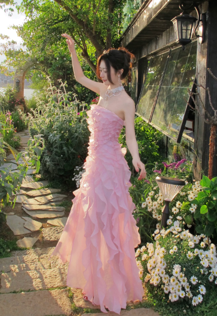 Robe d'invitée de mariage rose simple fourreau bustier d'été robe de vacances en mousseline de soie longue robe de soirée ED07872
