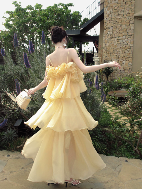 Simple Yellow Bridesmaid Dress Summer Wedding Guest Dress Sheath Spaghetti Straps Vacation Dress Chiffon Long Evening Dress ED07873