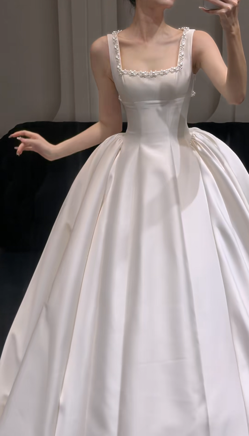 Timeless Straps A-Line Wedding Dress Satin Bridal Dress White Bridal Gown ED07897