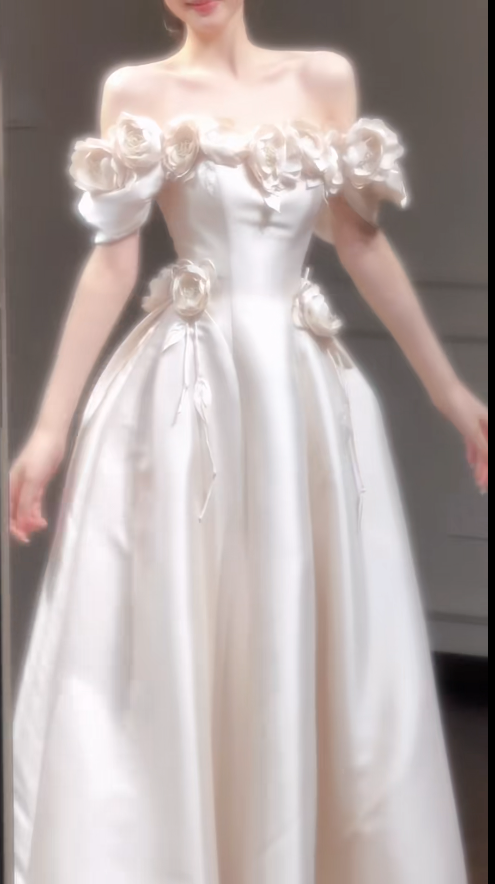 Timeless Off-shoulder A-Line Wedding Dress Satin Bridal Dress Champagne Bridal Gown ED07899