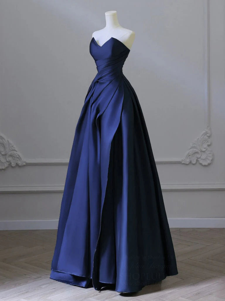 A-Line V Neck Satin Dark Blue Long Prom Dress, Blue Long Formal Dress ED078