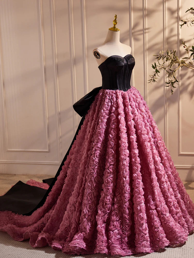 A-Line Sweetheart Neck 3D Flower Pink Long Prom Dress, Pink Long Formal Dress ED079