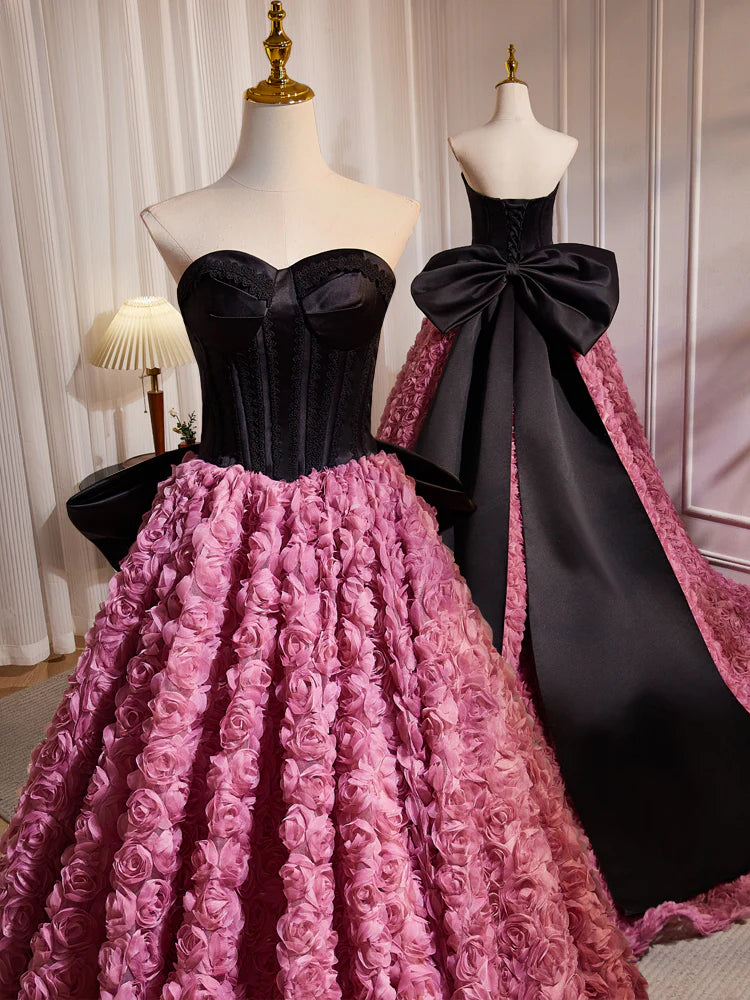 A-Line Sweetheart Neck 3D Flower Pink Long Prom Dress, Pink Long Formal Dress ED079