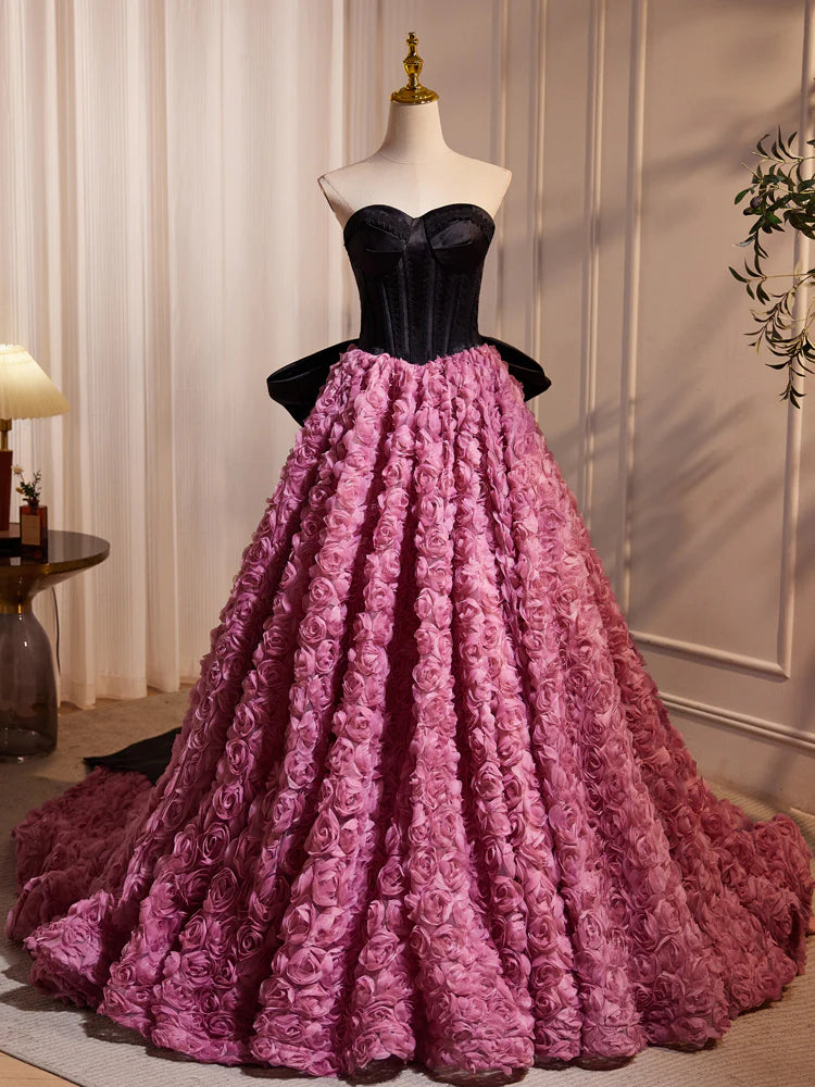 A-Line Sweetheart Neck 3D Flower Pink Long Prom Dress, Pink Long Formal Dress ED079