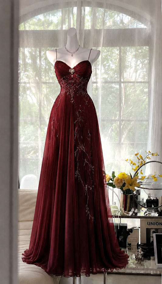 Elegantes Spaghettiträger A-Linie Chiffon Perlen Langes Abendkleid Dunkelgrünes Ballkleid ED07901