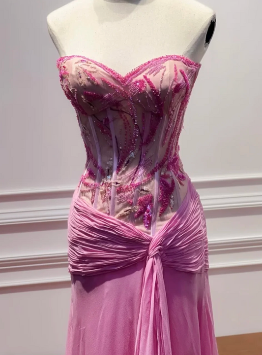 Fairy Sweetheart Sheath Long Evening Dress Pink Prom Dress Beaded Chiffon Birthday Dress ED07915