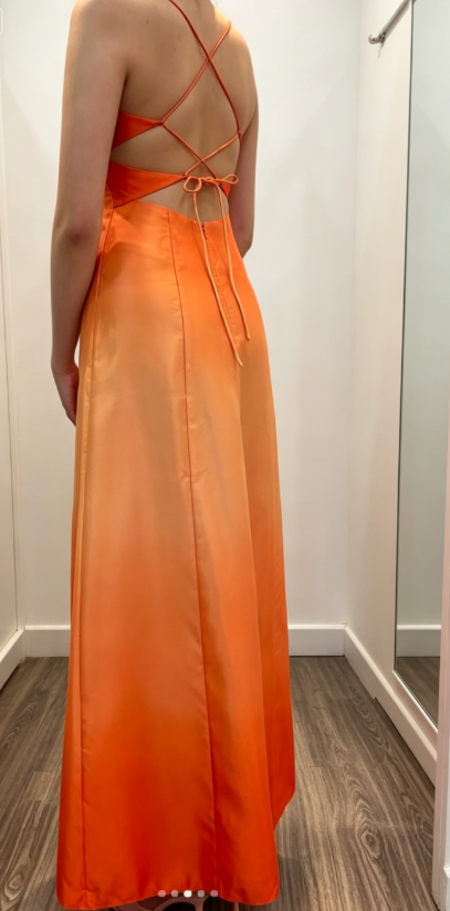 Elegantes, langes Abendkleid aus Satin mit Spaghettiträgern und A-Linie, verziert, Orange Ballkleid ED07920