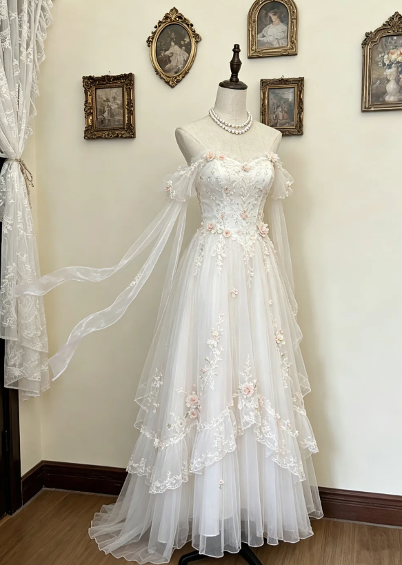 Elegant Off-shoulder A-Line Appliques Tulle Long Evening Dress White Prom Dress ED07922