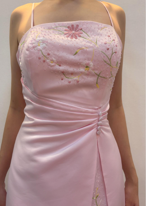 Elegantes Spaghetti-Träger A-Linien Besticktes Satin Langes Abendkleid Rosa Ballkleid ED07925
