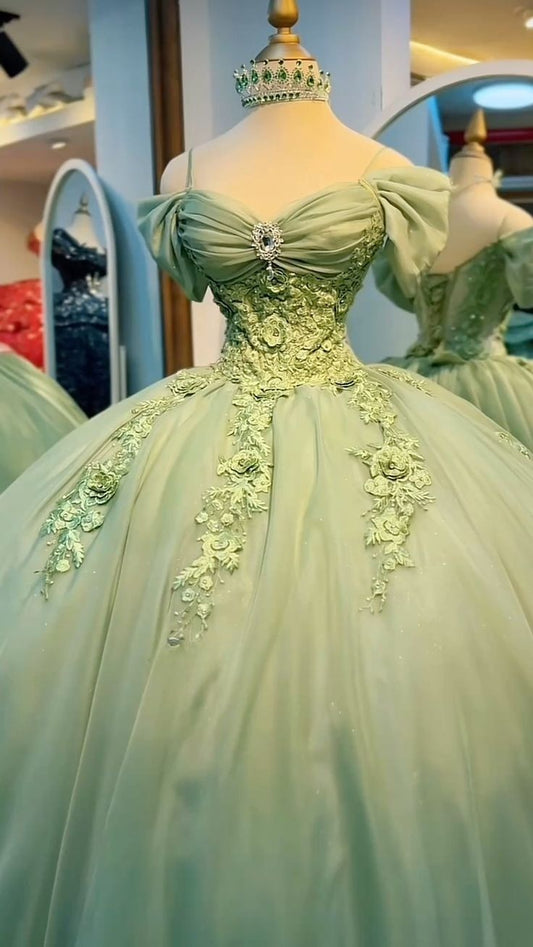 Magnifique robe de bal de promo à épaules dénudées en tulle, avec des appliqués, robe de soirée, robe de Quinceanera, robe de seizième anniversaire verte ED07928
