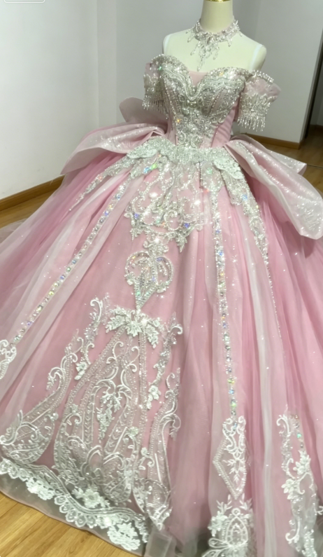 Superbe robe de bal sans épaules en tulle avec appliques, robe de soirée pour quinceañera, robe rose pour les 16 ans ED07929