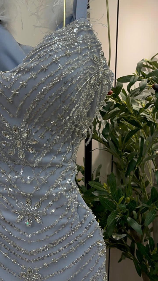 Gorgeous V-neck Sheath Beaded Tulle Long Evening Dress Blue Prom Dress ED07933