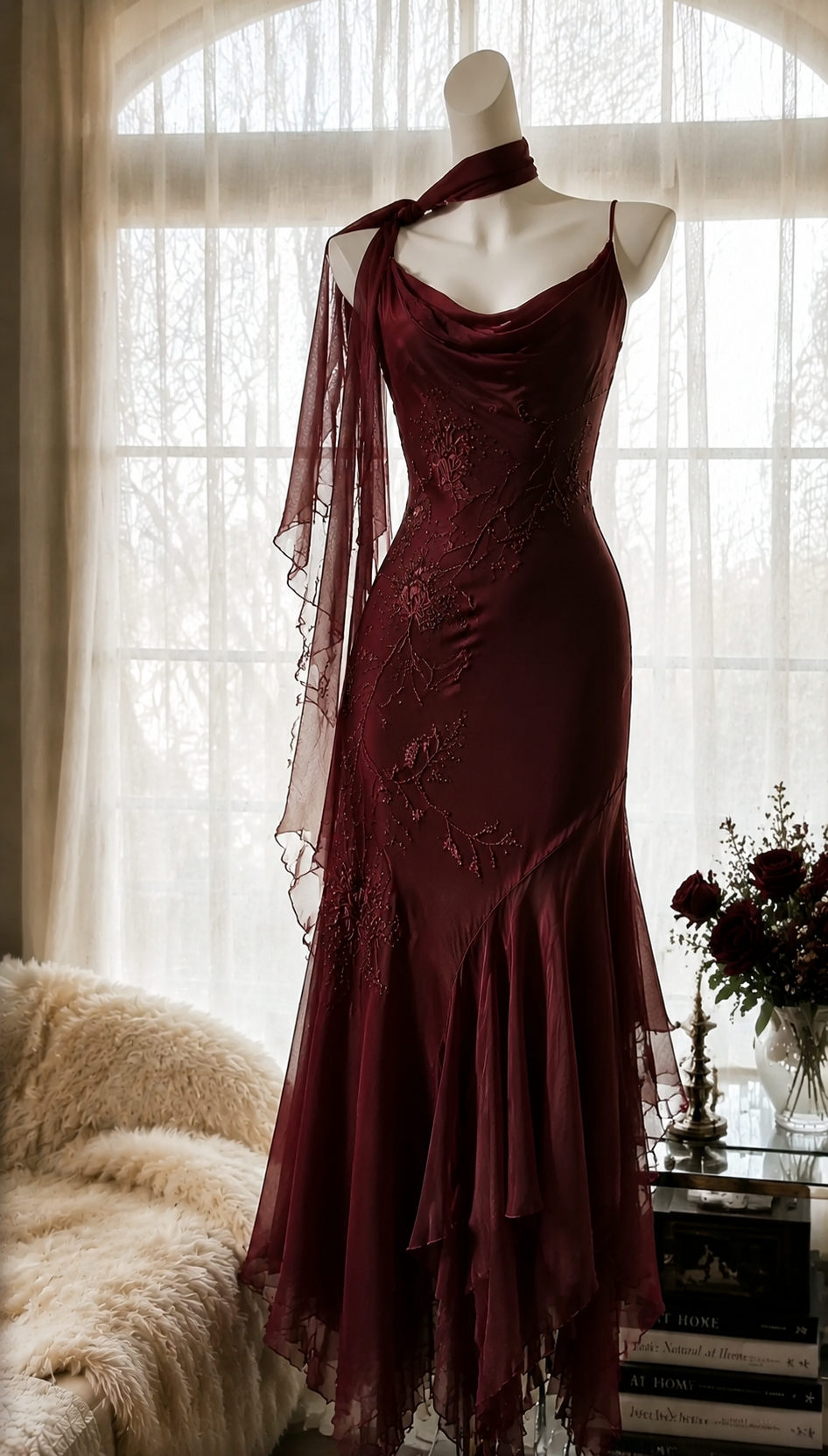 Elegant Spaghetti Straps Sheath Long Evening Dress Chiffon Beaded Prom Dress Burgundy Wedding Guest Dress ED07941