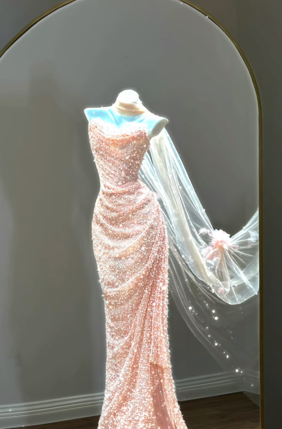 Elegant Sweetheart Sheath Beaded Tulle Long Evening Dress Pink Prom Dress ED07947