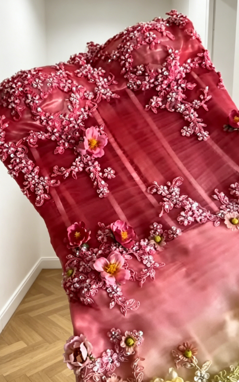 Élégante Robe Fourreau sans Bretelles avec Perles en Tulle, Longue Robe de Soirée Rose Vif pour Bal de Promo ED07950