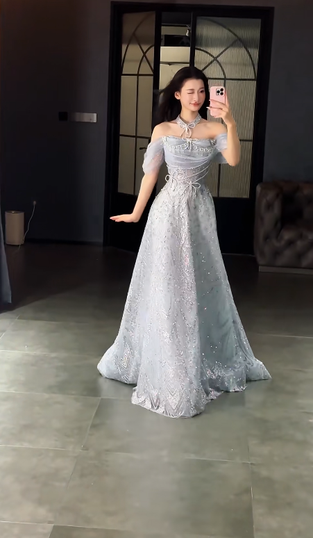 Elegant Off-shoulder A-Line Tulle Beaded Long Evening Dress Dusty Blue Prom Dress ED07958