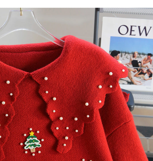 Christmas style beaded red doll collar sweater ED0796
