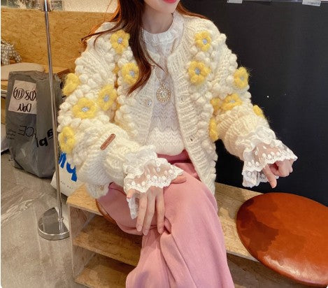 Hand-crocheted thick needle three-dimensional flower beanie sweater knitted cardigan ED0798