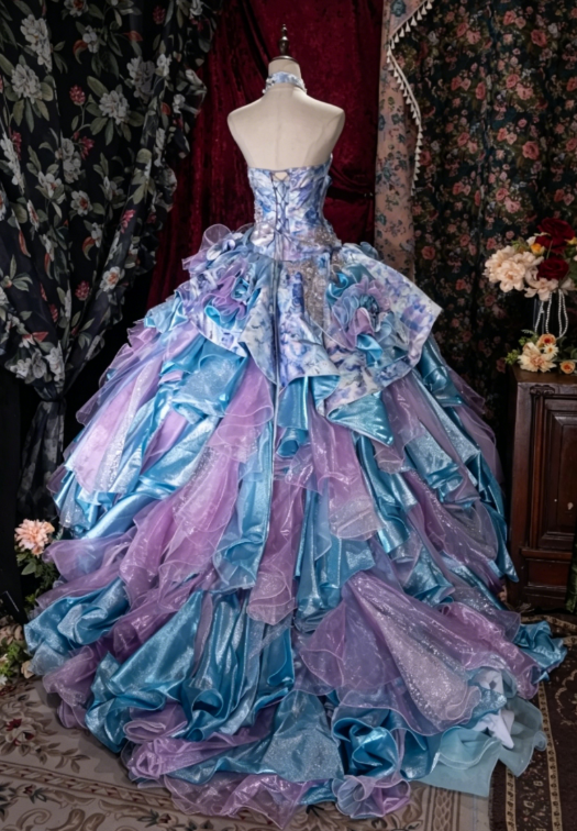 Magnifique Robe de Bal Bustier Robe de Quinceanera Tulle Appliques Longue Robe de Bal Bleu Robe Douce 16 ED07994