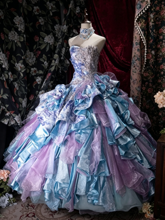 Magnifique Robe de Bal Bustier Robe de Quinceanera Tulle Appliques Longue Robe de Bal Bleu Robe Douce 16 ED07994