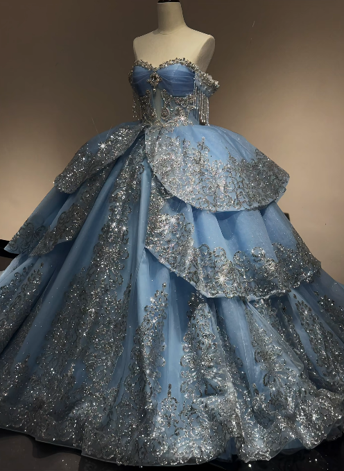 Magnifique robe de bal Quinceanera sans épaules en tulle à sequins, longue robe de bal de promo bleue, robe Sweet 16 ED07997