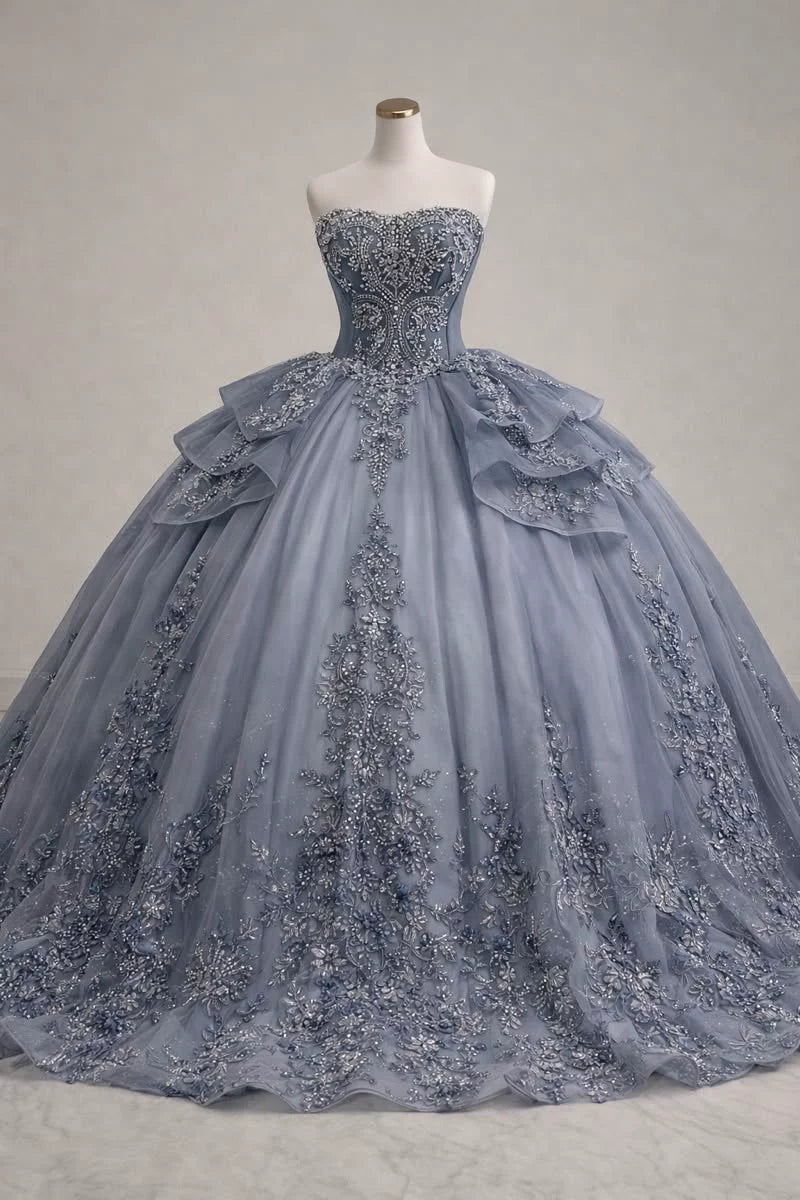 Chic Strapless Ball Gown Quinceanera Dress Tulle Appliques Long Prom D –  EvaFashionDress