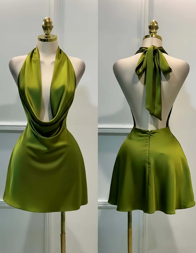 Cute Halter Birthday Dress Sheath Satin Short Cocktail Dress Green Homecoming Dress ED08037