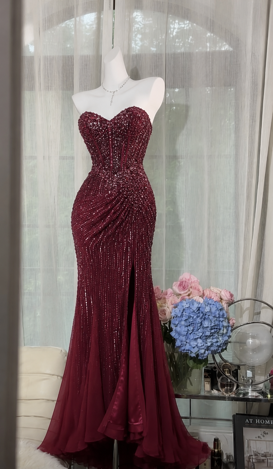 Elegant Burgundy Prom Dress Sweetheart Sheath Chiffon Beaded Long Even EvaFashionDress Elegant Burgundy Prom Dress Sweetheart Sheath Chiffon Beaded Long Even EvaFashionDress