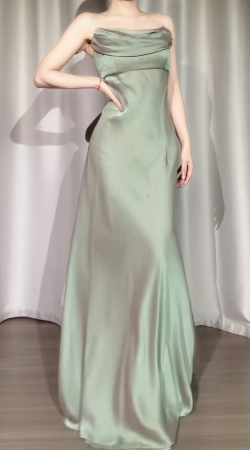 Chic Soft Green Prom Dress Spaghetti Straps Sheath Chiffon Long Evening Dress ED08061