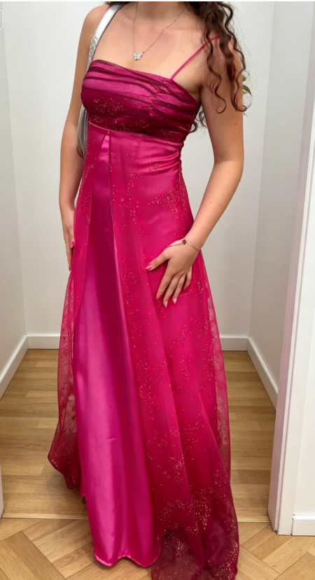 Elegantes, heißrosanes Ballkleid mit Spaghettiträgern, Etui-Schnitt, aus Satin, langes Abendkleid ED08064
