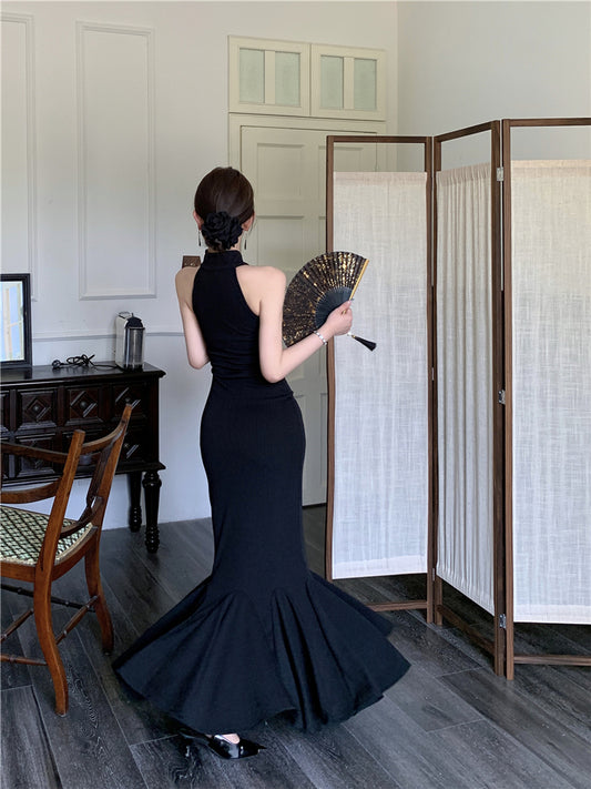 New Chinese style improved cheongsam buttoned halter neck fishtail skirt ED0806