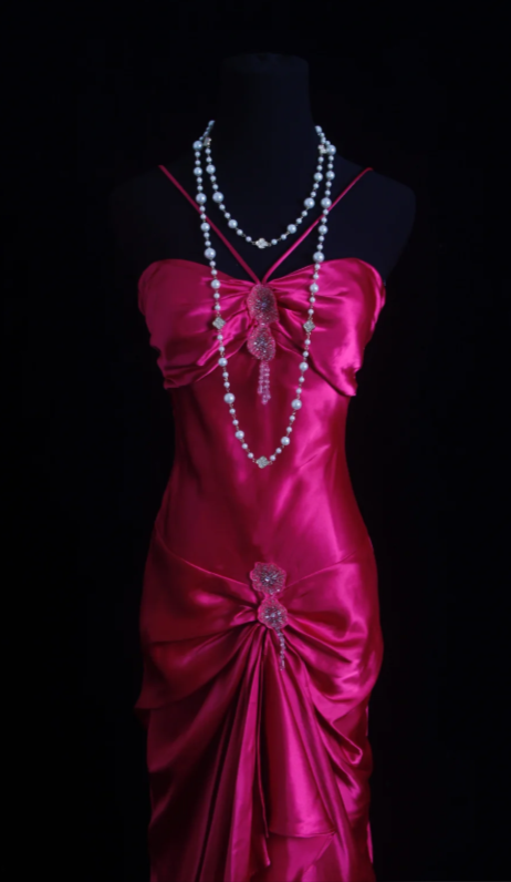 Classy Hot Pink Prom Dress Halter Sheath Satin Long Evening Dress ED08072