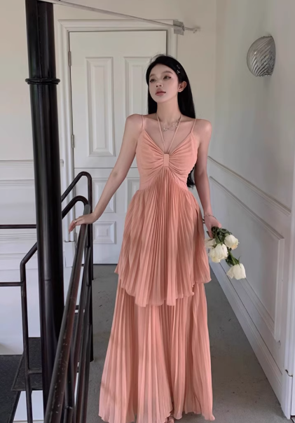 Pretty A-line V-Neck Suspender Long Beach Dress Holiday Style Summer Fashion Dress ED0808