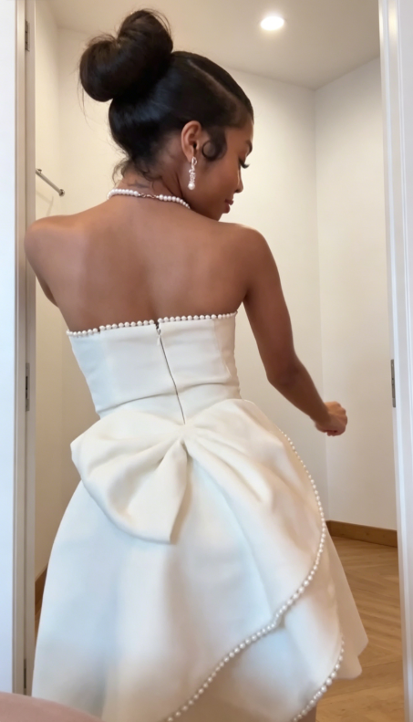 Chic White Short Prom Dress Sheath Strapless Birthday Dress Satin Graduation Party Dress ED08088
