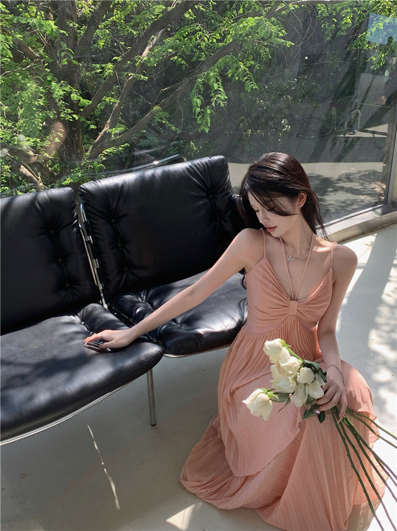 Pretty A-line V-Neck Suspender Long Beach Dress Holiday Style Summer Fashion Dress ED0808