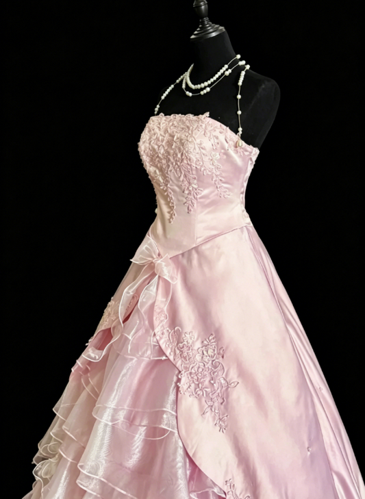 Fairy Strapless Long Birthday Dress A-Line Satin Applique Quinceanera Dress Pink Sweet 16 Dress ED08096