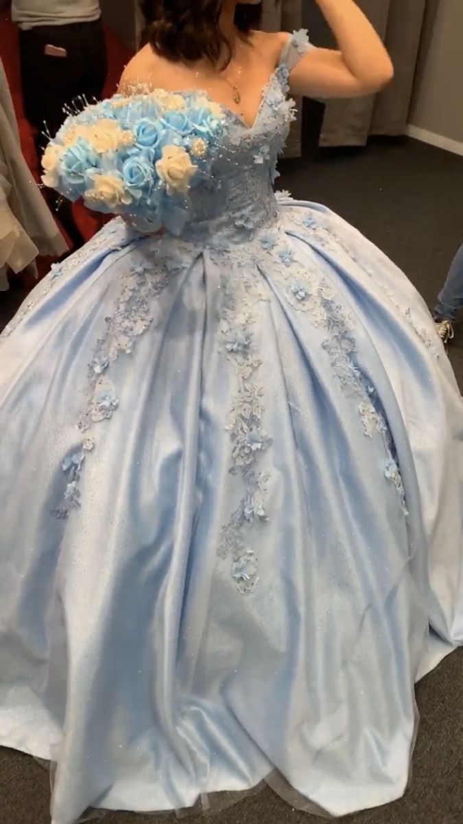 Fairy Off-shoulder Long Birthday Dress A-Line Satin Appliques Quinceanera Dress Blue Sweet 16 Dress ED08100