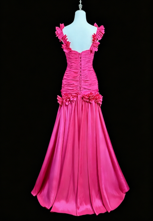 Robe de soirée longue trapèze en satin, rose fuchsia, élégante, avec décolleté en cœur, robe de bal ED08103