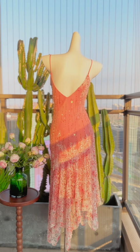 Chic Spaghetti Straps Sheath Chiffon Beaded Long Evening Dress Orange Prom Dress ED08118