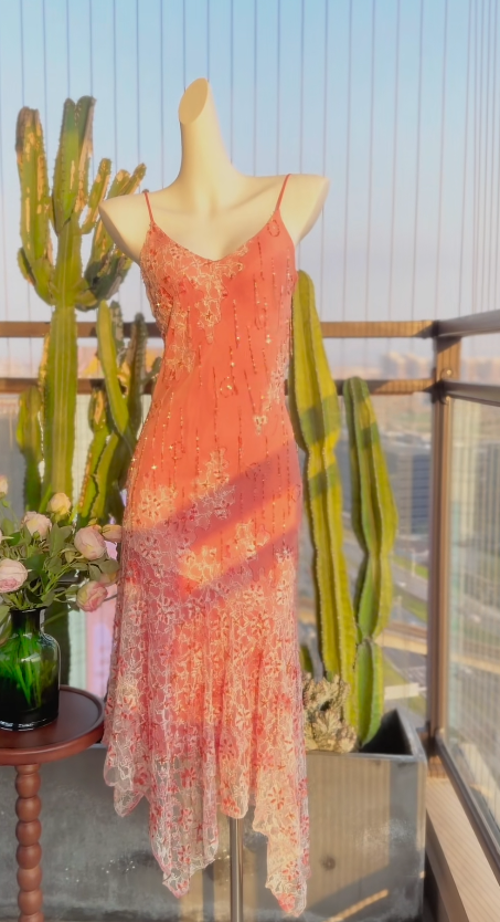 Robe de soirée longue fourreau chic en mousseline avec bretelles fines et perles, robe de bal orange ED08118