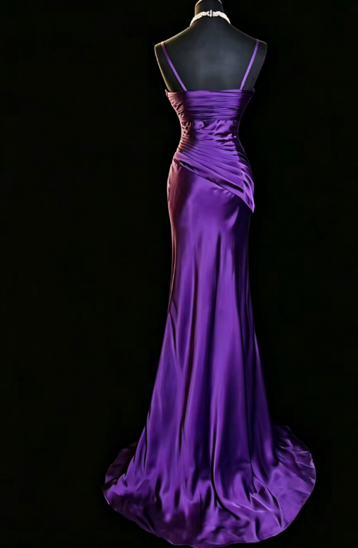 Robe longue de soirée chic en satin violet à bretelles spaghetti ED08119