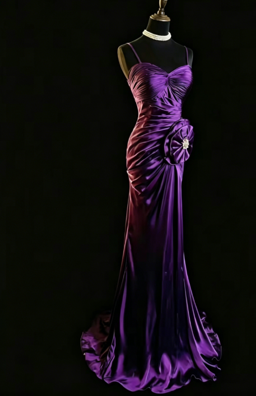 Chic Spaghetti Straps Sheath Satin Long Evening Dress Purple Prom Dress ED08119